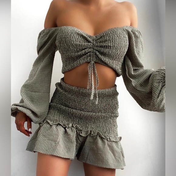 Sage green gingham print two piece skort set nwt - Picture 4 of 14